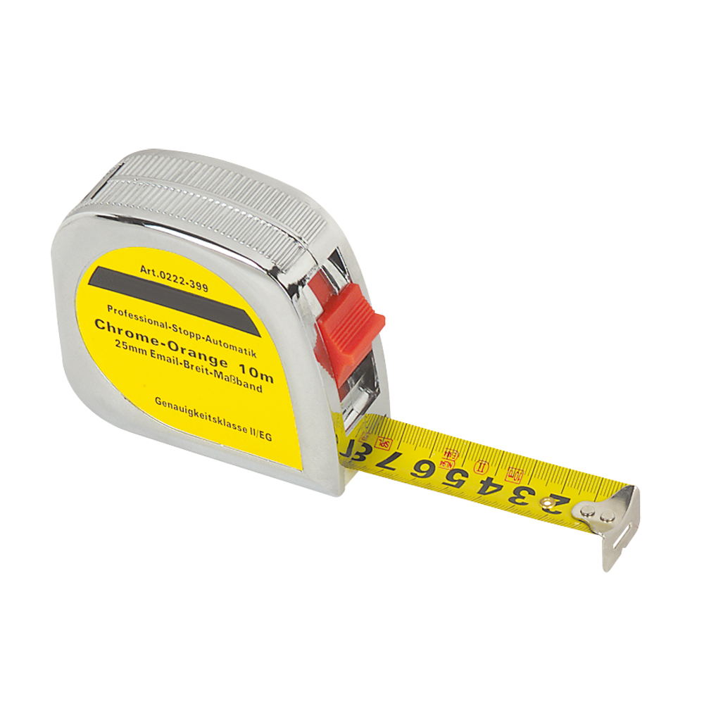 Rollbandmaß 25mm,CHROM-BREIT,gelb extra robust, Automatik-Rücklauf