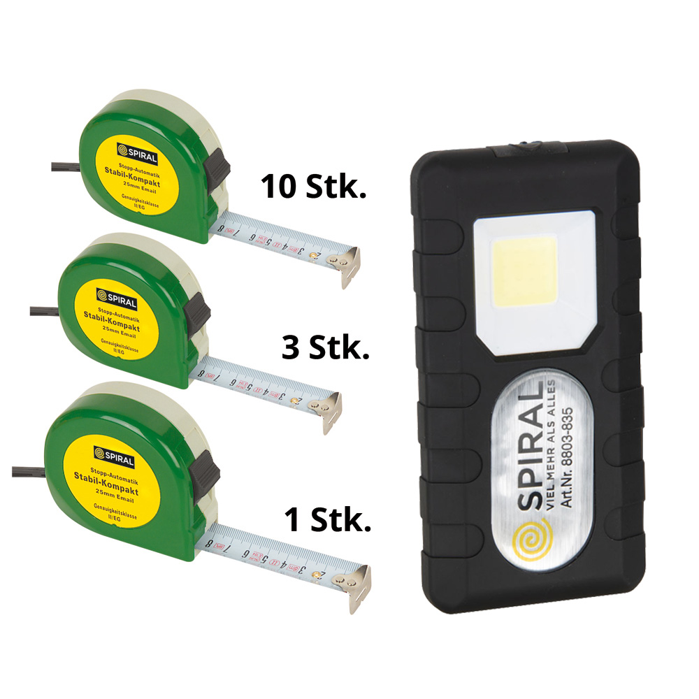 Maßband-Set 15-teilg: 10 Stück 3m 3 Stück 5m, 1 Stück 8m + 1 Taschenlampe