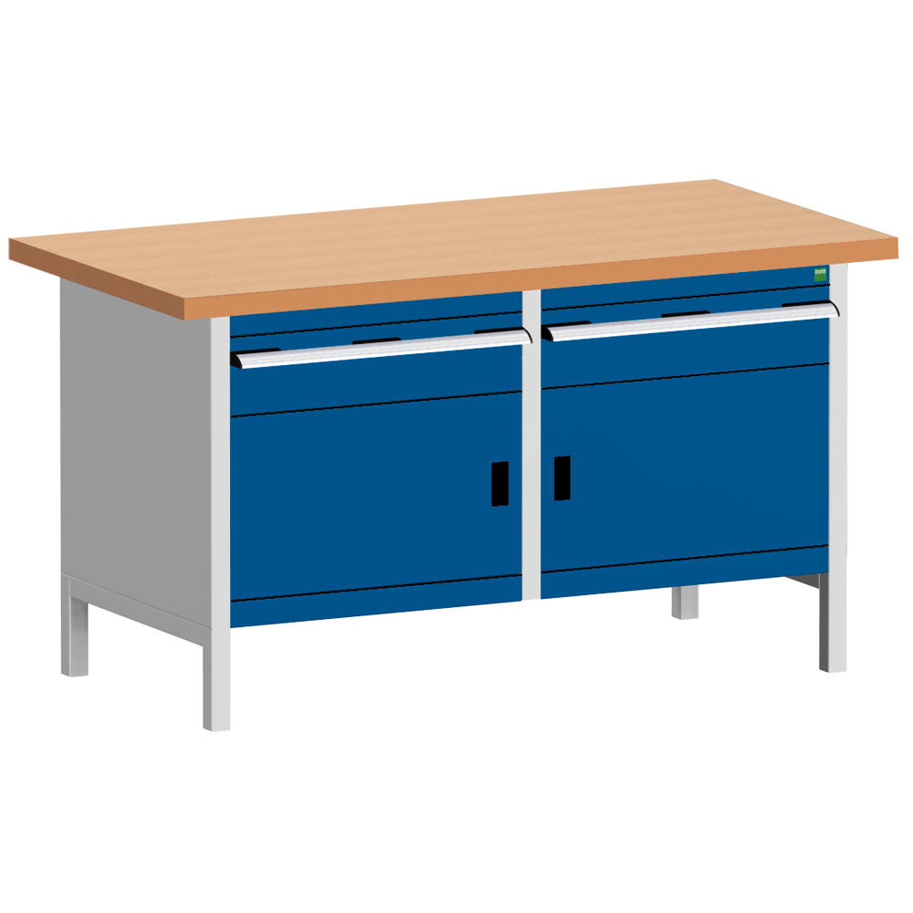 Kastenwerkbank 1500/2/2 komplett,2 Laden mit 2 Türen,Buchenplatte 40mm,RAL7035/50