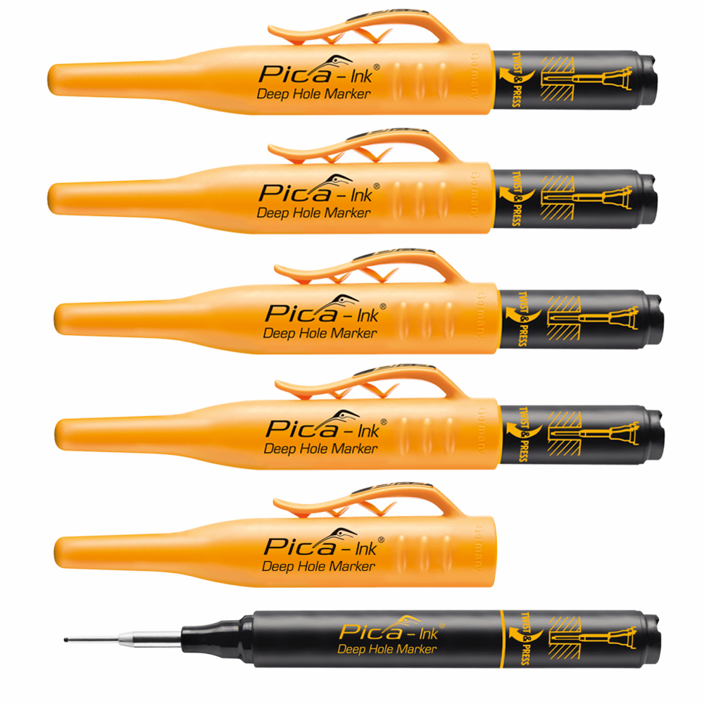 5x Tiefloch-Markierstift SCHWARZ 1,5mm Strichbreite,Teleskop-Spitze,wasserfest