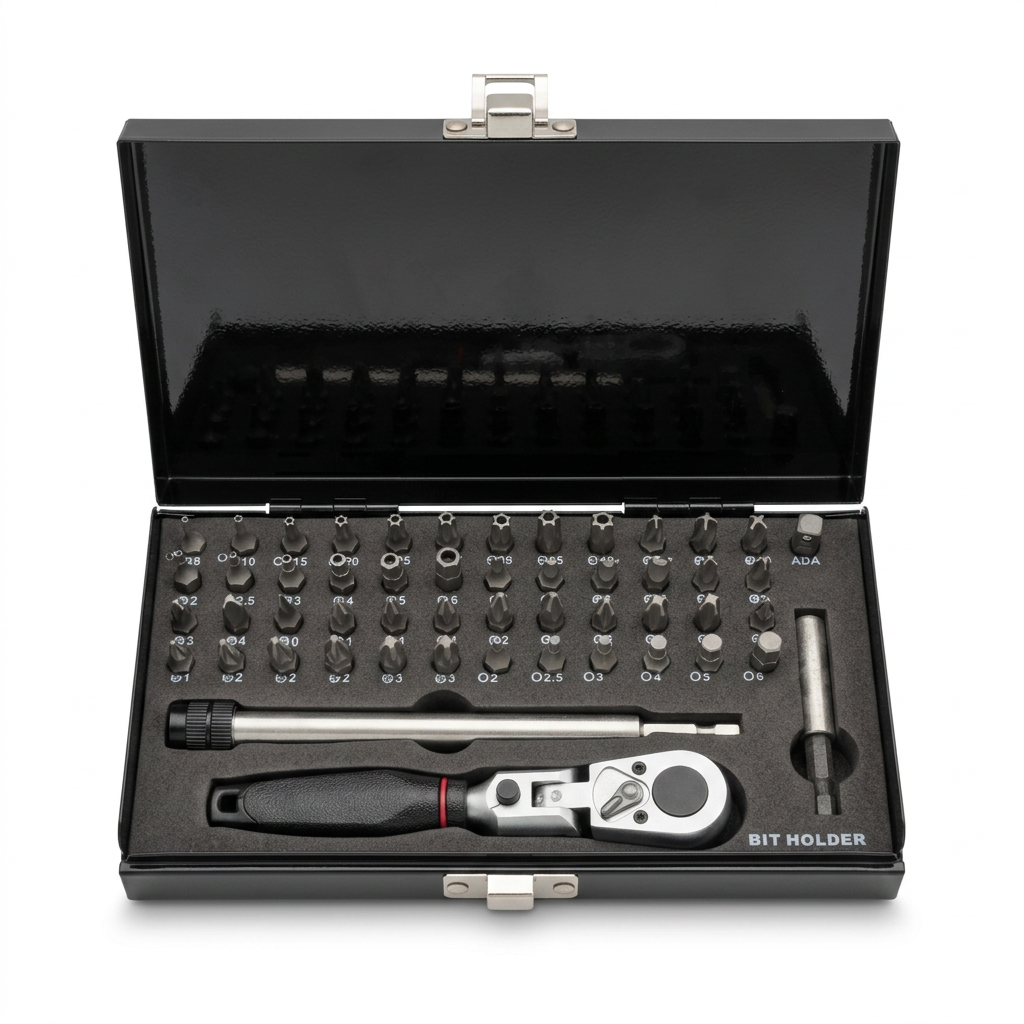Bit-Box 1/4" 52-tlg. "Kompakt-Security" mit Kipp-Bitknarre,in Metallbox