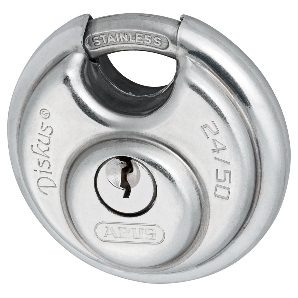 Diskus-Vorhangschloss, komplett aus Edelstahl, 2 Schlüssel, Breite des Schlosses: 50mm