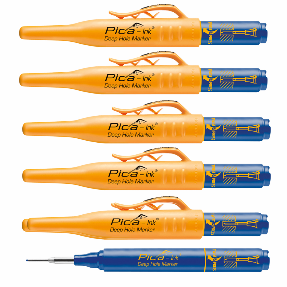 5x Tiefloch-Markierstift BLAU 1,5mm Strichbreite,Teleskop-Spitze,wasserfest