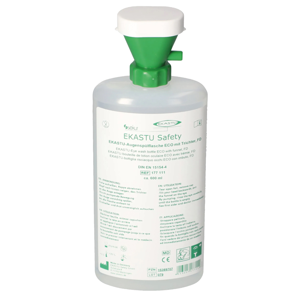 Augenspülflasche mit Trichter Ekastu gefüllt mit frischem Wasser, ca. 600ml