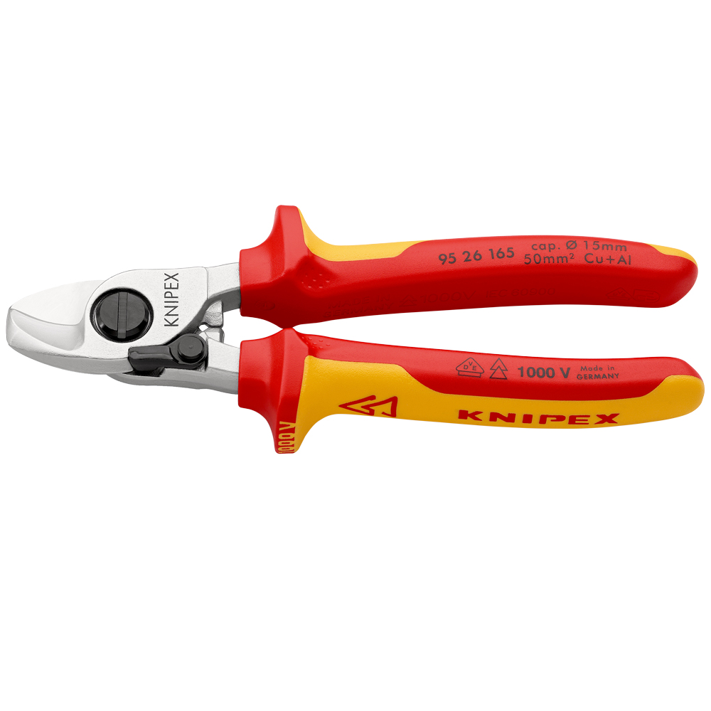 Kabelschere 165 mm, VDE-geprüft, isol., mit MK-Hüllen, mit Öffnungsfeder