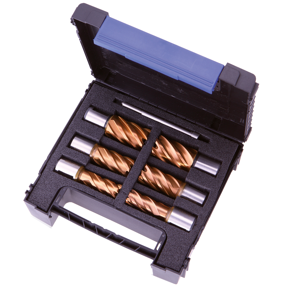 HSS-G / TIN Kernbohrersatz Weldon 19mm L=30mm,mit Zentrierstift,BOX
