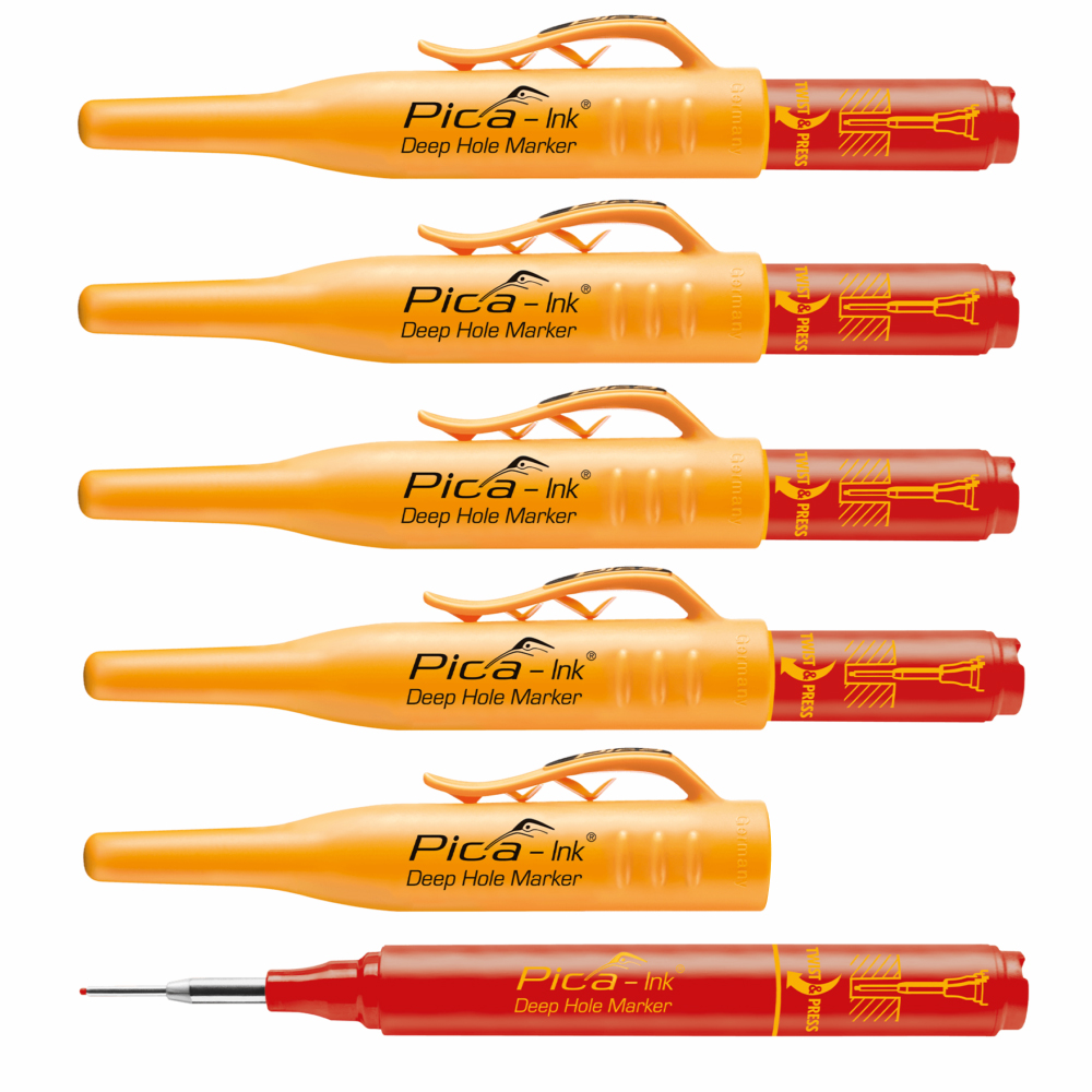 5x Tiefloch-Markierstift ROT 1,5mm Strichbreite,Teleskop-Spitze,wasserfest