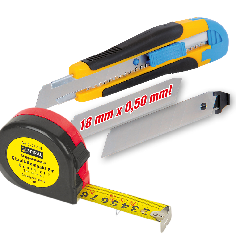 Universalmesser+Großziffer-Maßband-Set 12xMesser,36xKlingen 18mm,1xMaßband 5m