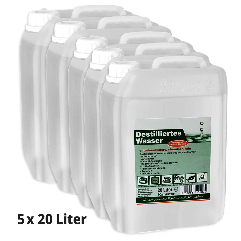 Destilliertes Wasser Kanister 5 x 20 L nach DIN 43530 und VDE 0510