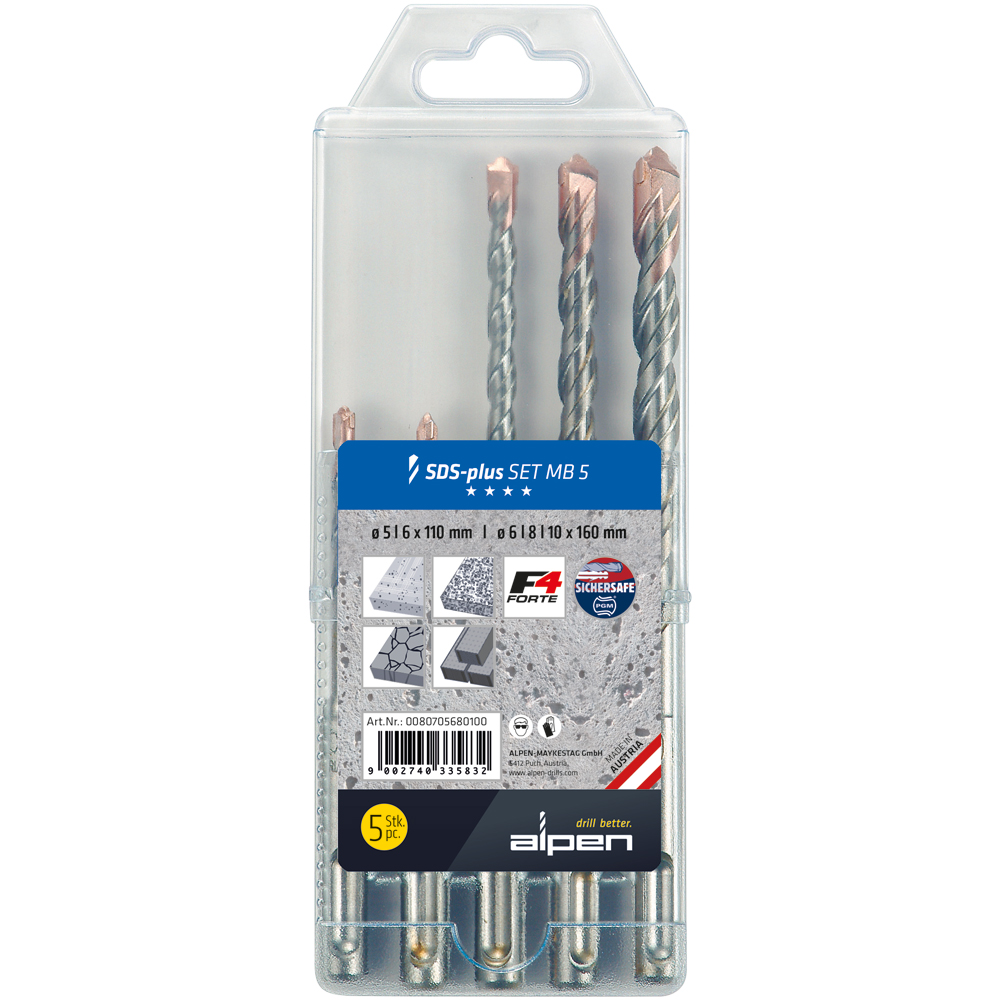 SDS-PLUS S2 Hammerbohrerset 5-tlg./ 5-10 Länge 110-160mm in Kunststoffbox
