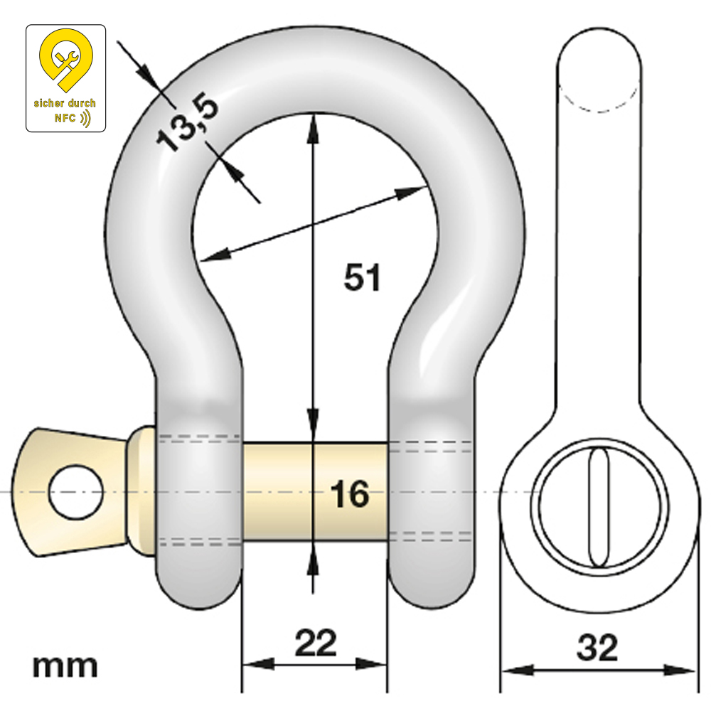 Schäkel-RFID, mit Schraubbolzen, geschweifte Form, Tragfähigkeit: 2000kg