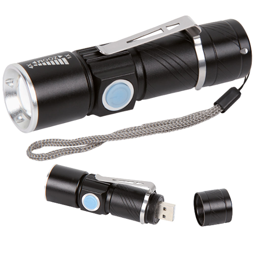 Akku-Taschenlampe ZOOM-LED mit Clip USB-Anschluss und Netz-Ladeadapter 230V