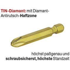 Diamant-TIN-Grip-Bit 1/4", diamantbeschichtet,Antirutschsystem, Abtrieb: PH3, Länge: 50mm