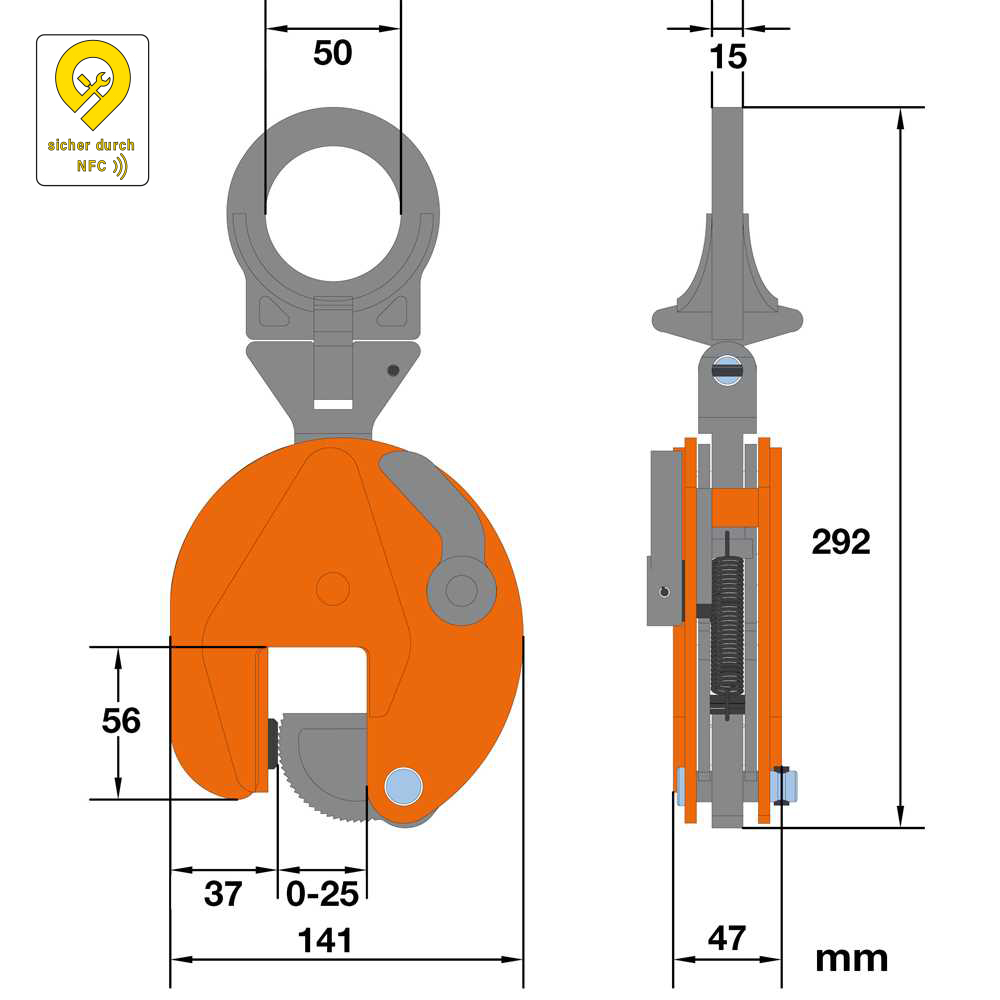 Hebeklemme vertikal/vario, mit Gelenk-Tragring, Tragfähigkeit: 1000kg