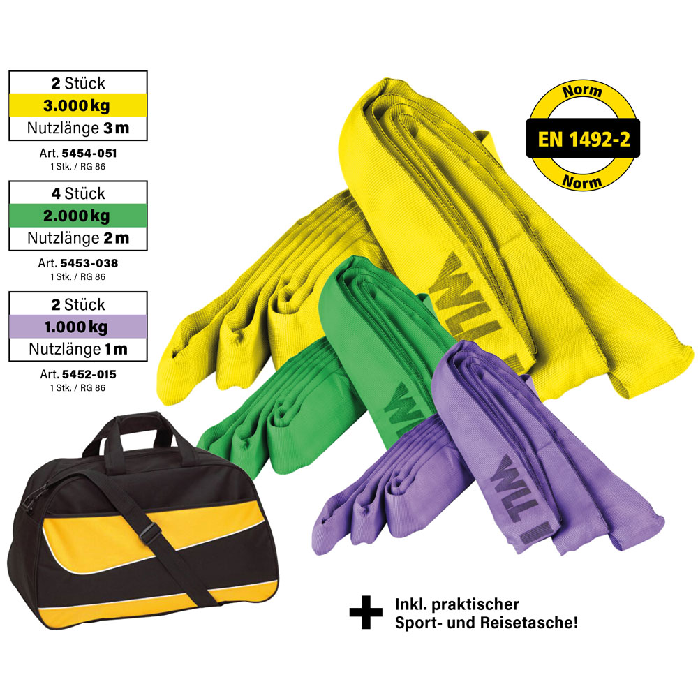 Rundschlingen-Set 9-teilig mit Tasche 2 Stk 1t/1m +4 Stk 2t/2m +2 Stk 3t/3m