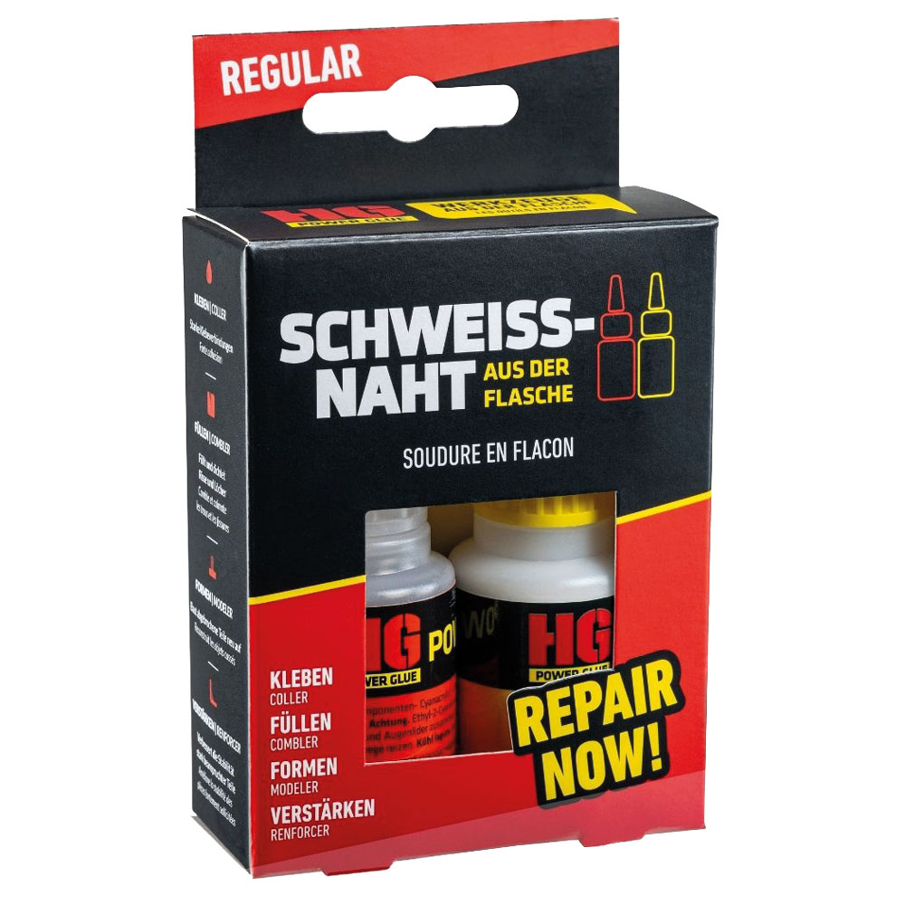 HG POWERGLUE Schweißnaht aus der Flasche, 2K extra starker Reparatur Kleber, Inhalt  Granulat: 40g, Inhalt Kleber: 20g
