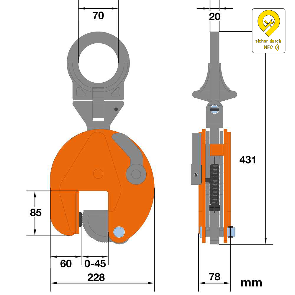 Hebeklemme vertikal/vario mit Gelenk-Tragring