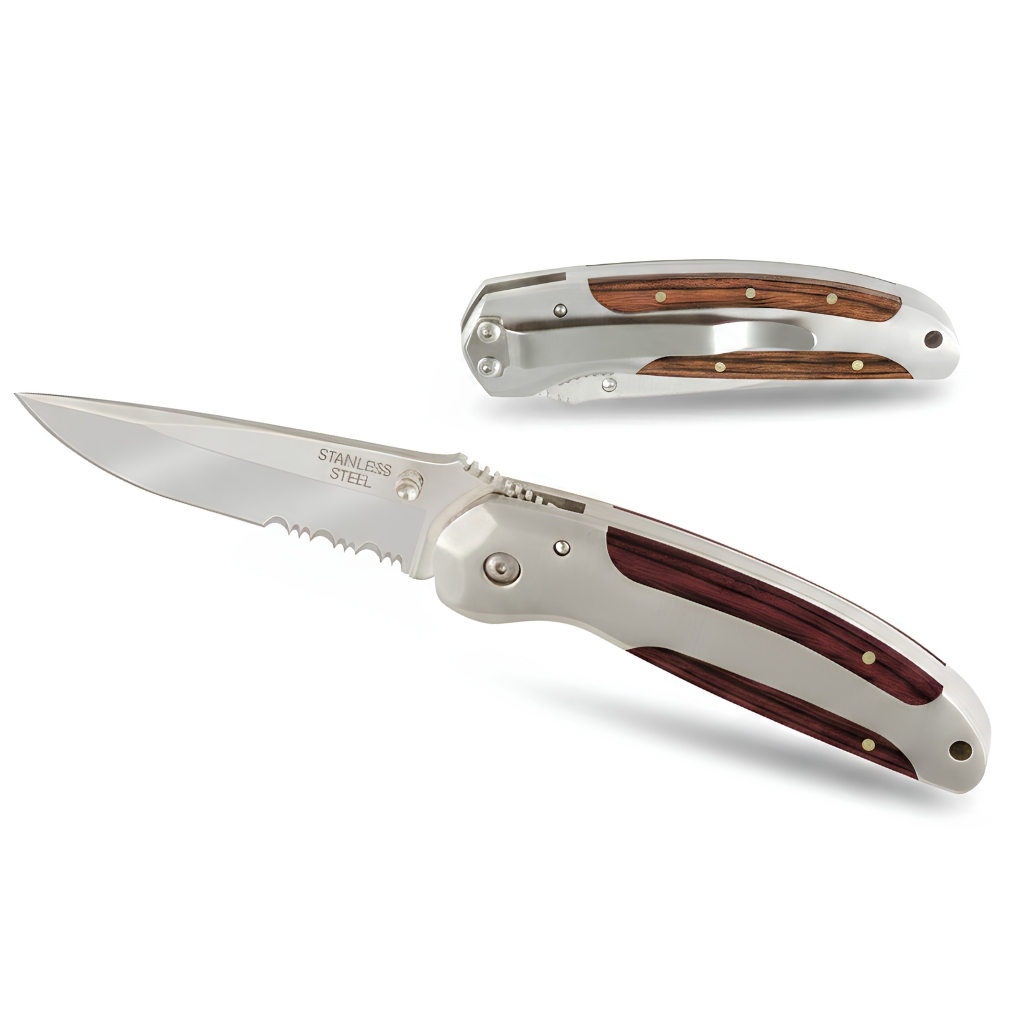Klappmesser SUPER-CUT,rostfreier Stahl Holzapplikationen, Gürtelclip und -etui