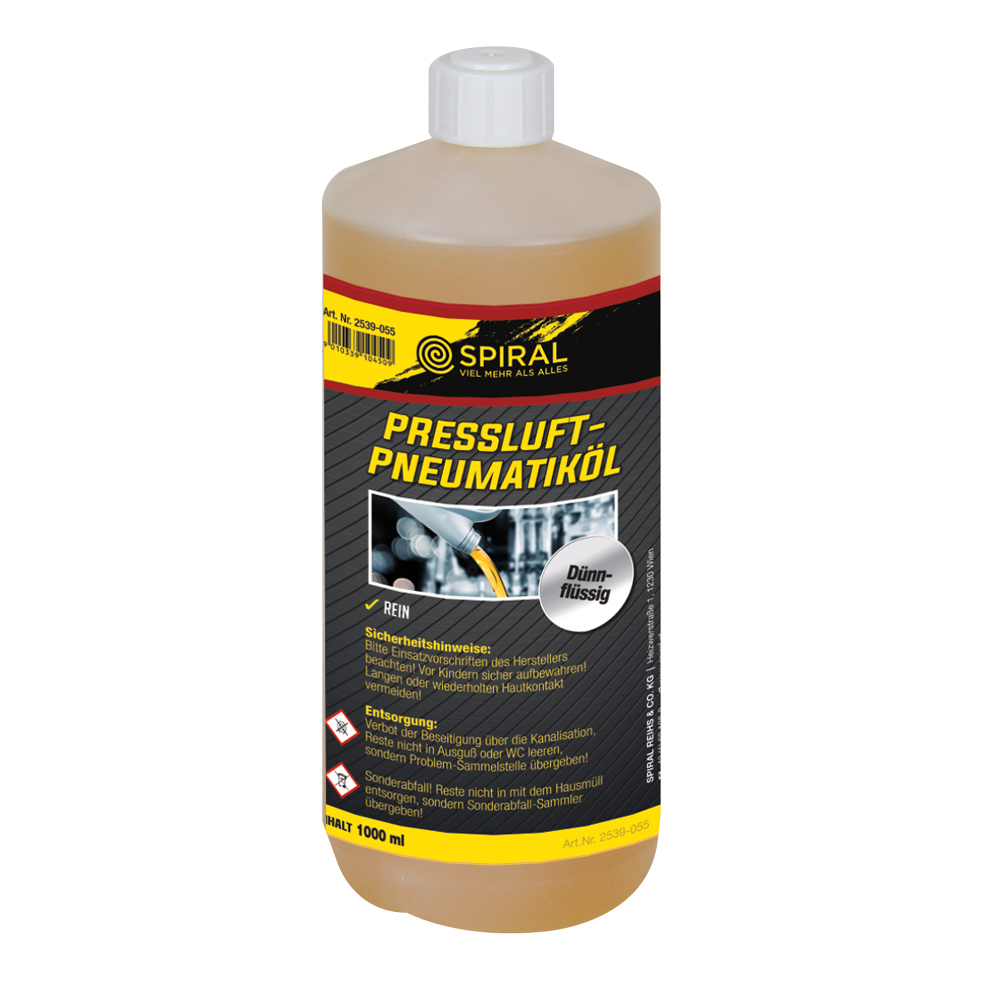 Pressluft-Pneumatiköl, rein und dünnflüssig, Artikelbezeichnung: Pressluft-Pneumatiköl, Behälterinhalt: 1 Liter