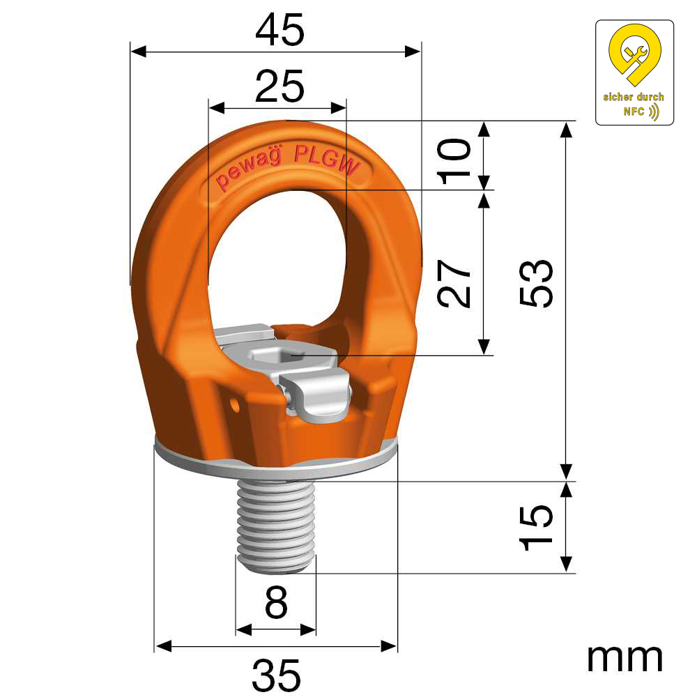 Ringschraube RFID-PLGW, werkzeuglose Montage, Gewinde : M8mm, Tragfähigkeit: 300kg
